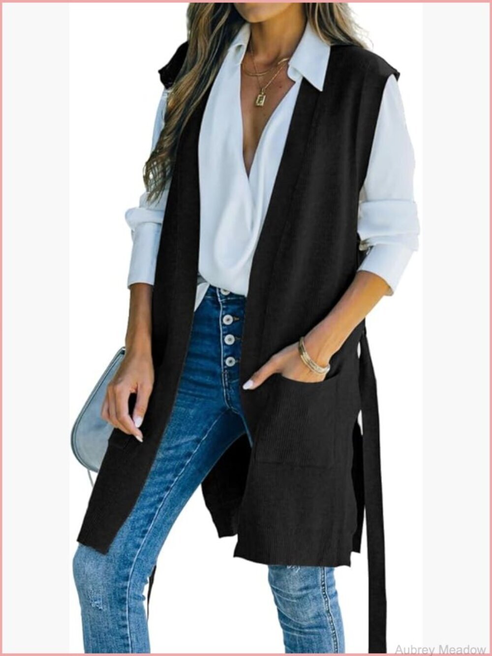 Long Sleeveless Open Front Cardigan Sweater Vest with Pockets and Self Belt